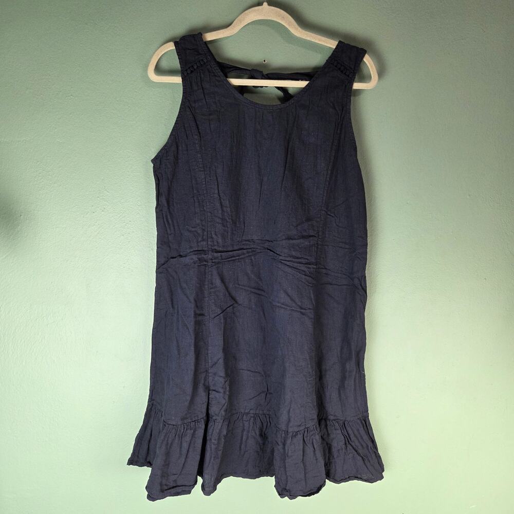 Terzo Millennio Women XL Navy Blue Linen Tie Neck Sleeveless Ruffle Midi Dress